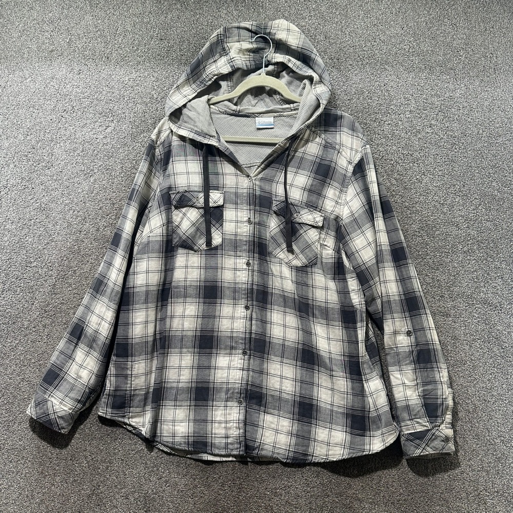 Columbia Times Two‎ Hooded Long Sleeve Shirt 1X Gray Plaid Lightweight Cotton